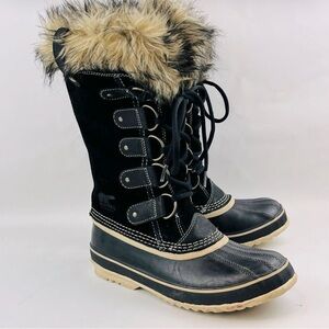 Womens 8 Sorel Joan of Arctic Boot Black Quarry Suede Faux Fur Laces Waterproof.